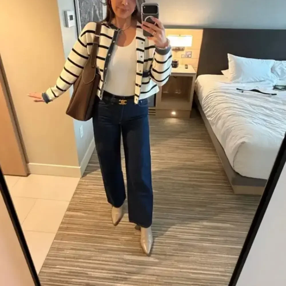 Sandro White Blue Stripe Cardigan SIZE 4  Lady Jacket Denim Preppy Designer $368